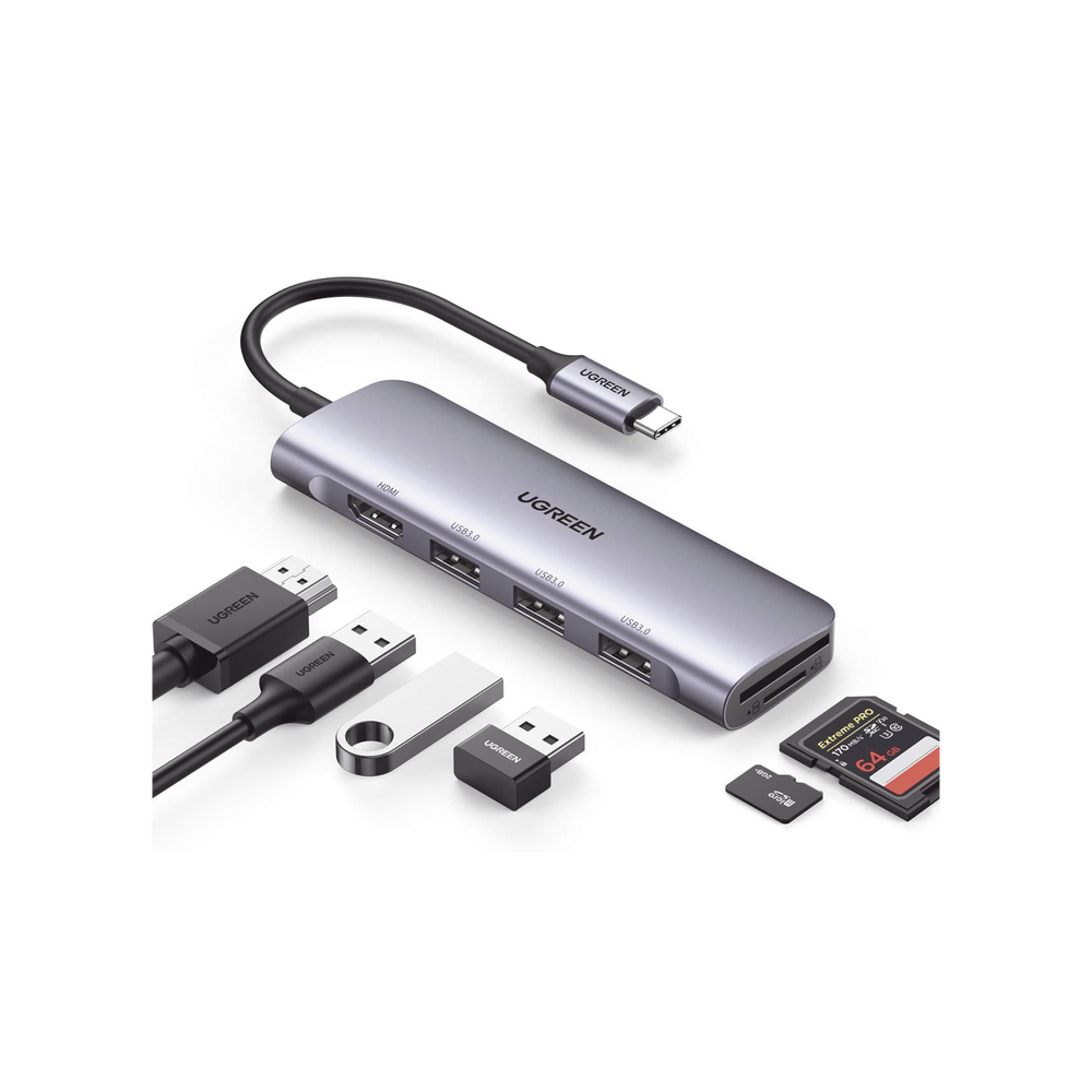 HUB USB-C (Docking Station) 6 en 1 Ugreen / HDMI 4K@30Hz, 3 Puertos USB 3.0, Lector Tarjeta SD + Micro SD (TF) (Uso Simultáneo), Caja de Aluminio