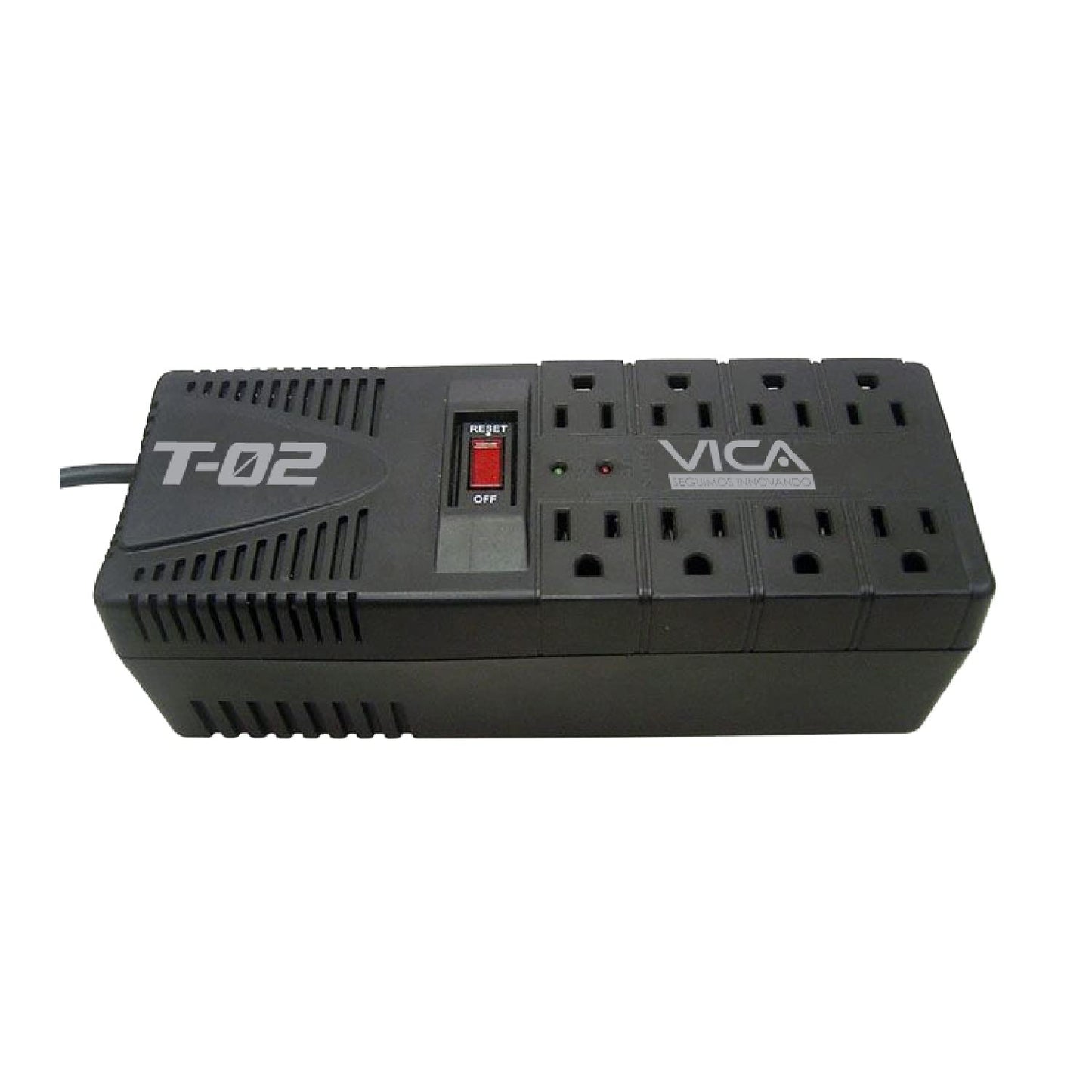 VICA T-02 Regulador Electrónico de Voltaje, capacidad de 1200VA / 700W, 8 tomas, empotrable, puerto RJ45 y RJ11, con indicadores LED y Certificado NOM
