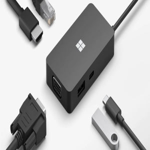 Base de conexión MICROSOFT para Notebook/Tableta/Monitor - 2 x puertos USB - USB tipo-C - Red (RJ-45) - HDMI - VGA - Cableado, negro