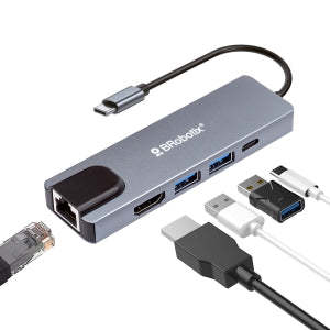 BRobotix Docking Station 5 en 1 USB C, 2x USB 3.0, 1x HDMI, 1x RJ-45, 1x USB C, Plata