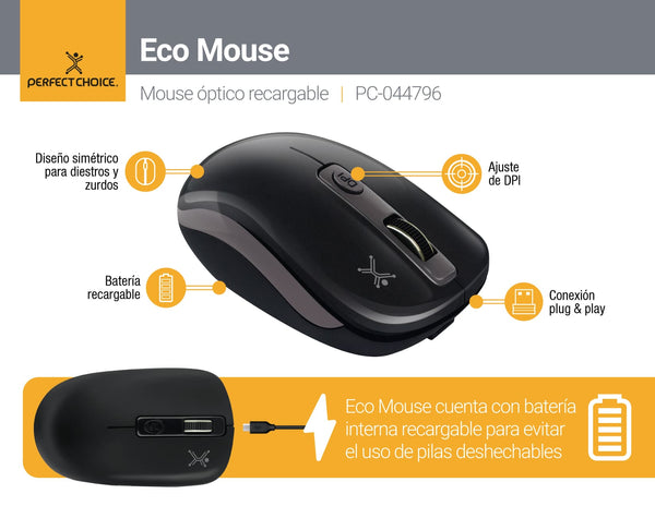Mouse Eco Mouse PC-044796 Perfect Choice, USB, Negro