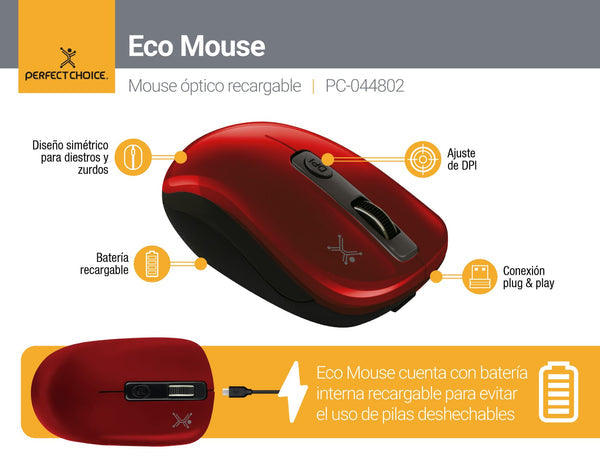 Mouse recargable Eco Perfect Choice, Inalámbrico, Rojo