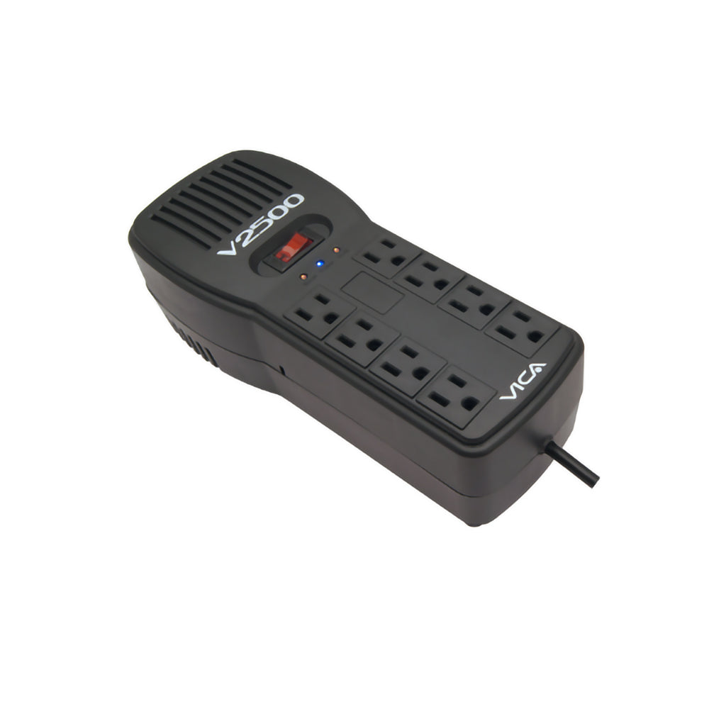 Regulador Electrónico de Voltaje VICA V2500 | 2500VA 1500W | 8 Tomas NEMA 5-15R | Supresor de Picos | Protección RJ11 + RJ45 | Onda Senoidal | Certificado NOM | Garantía 5 Años | SKU V2500