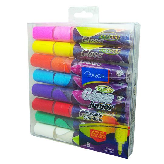 Marcador para vidrio Aquarelo Glass Jr. AZOR colores surtidos - caja con 8 piezas