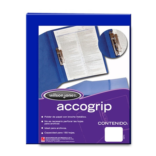 Folder ACCOGRIP WILSON JONES con palanca metálica de presión color azul obscuro tamaño carta.