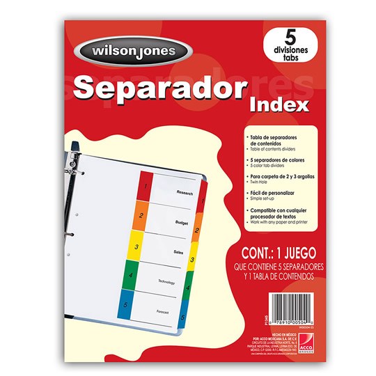 Separadores Wilson Jones Tamaño Carta, con Cejas de colores - 5 Divisiones