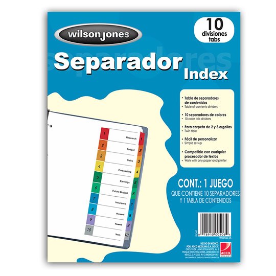 Separadores Wilson Jones Tamaño Carta, con Cejas de colores - 10 Divisiones