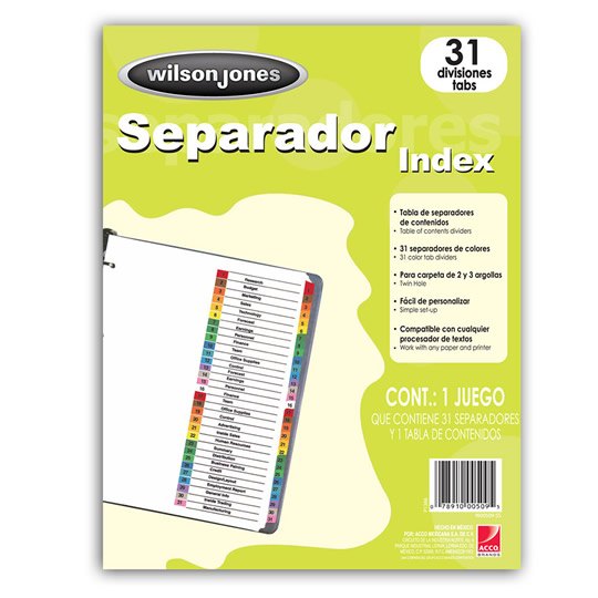 Separadores Wilson Jones Tamaño Carta, con Cejas de colores - 31 Divisiones