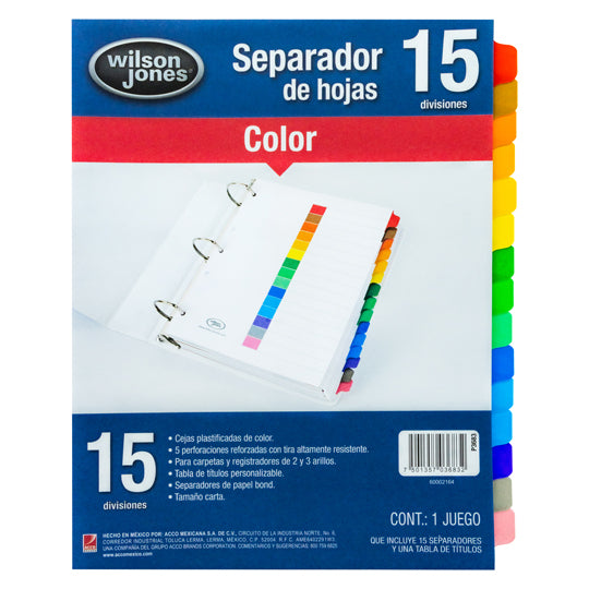 Separadores Wilson Jones Tamaño Carta, con Cejas de colores - 15 Divisiones