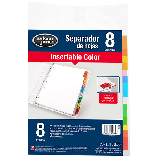Separadores Wilson Jones Tamaño Carta, con Cejas de colores - 8 Divisiones