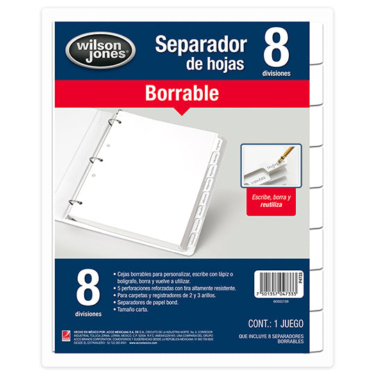 Separadores Wilson Jones Tamaño Carta, Blanco - 8 Divisiones