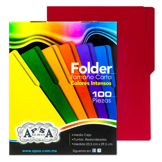 Folder APSA suaje lateral y superior para broche color rojo intenso tamaño carta - caja con 100 piezas