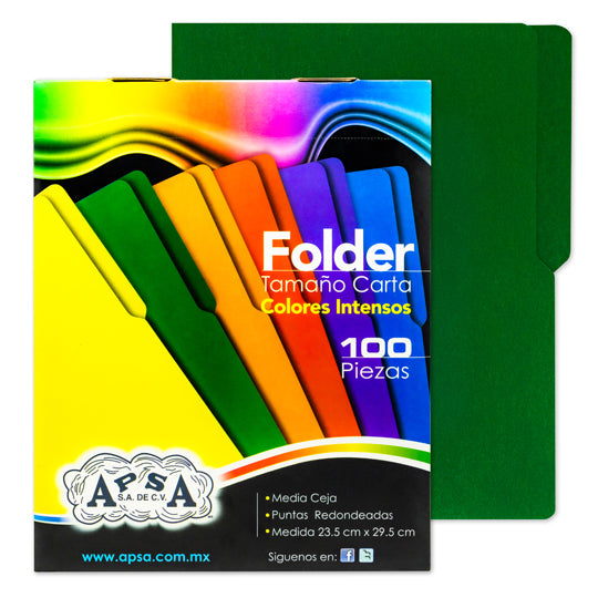 Folder APSA suaje lateral y superior para broche color verde intenso tamaño carta - paquete con 100 piezas