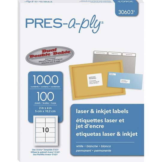 Etiqueta pres-a-ply AVERY color blanco tecnología láser/inkjet 1 paquete