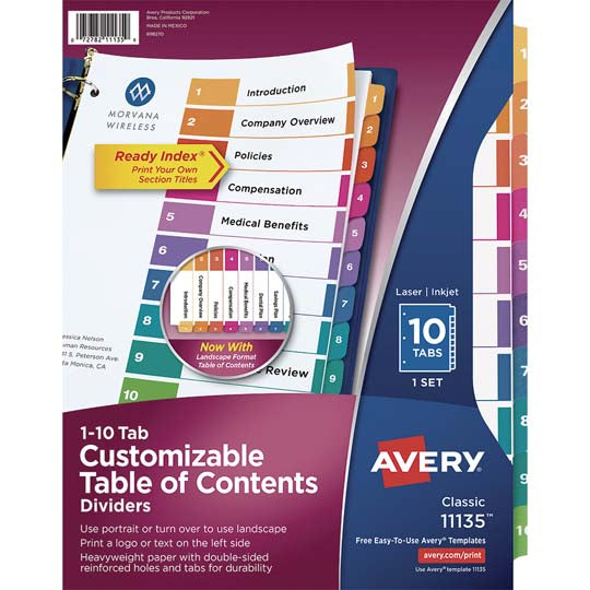 Separadores Avery Tamaño Carta, con Cejas de colores - 10 Divisiones