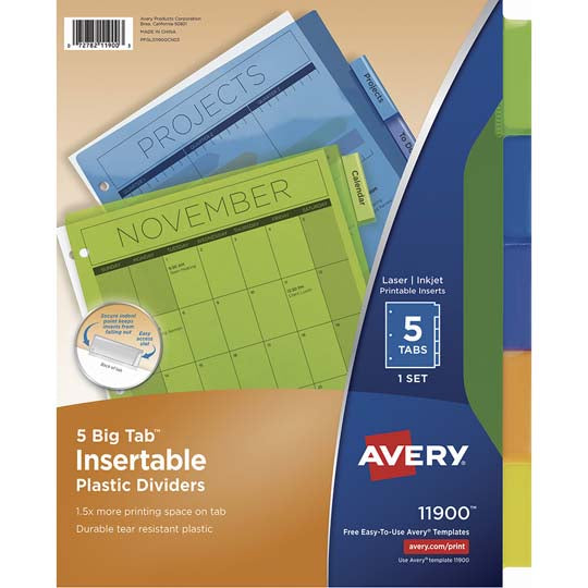 Separadores Avery Tamaño Carta, Plástico de Colores - 5 Divisiones