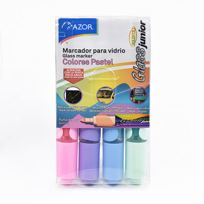 Marcador para vidrio Aquarelo Glass Jr. AZOR colores pastel - caja con 4 piezas