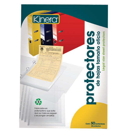 Protector de Hojas Kinera Tamaño Oficio, Traslucido - Caja con 50 Piezas