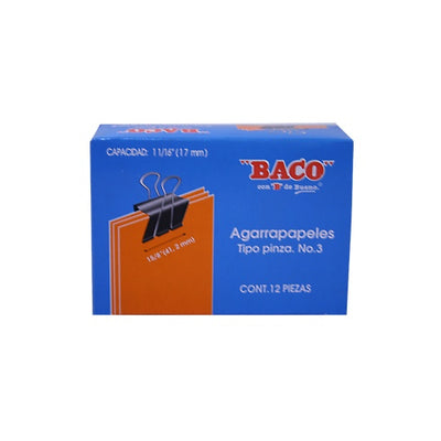 Broche Agarrapapeles BACO Tipo pinza no. 3 - caja con 12 piezas