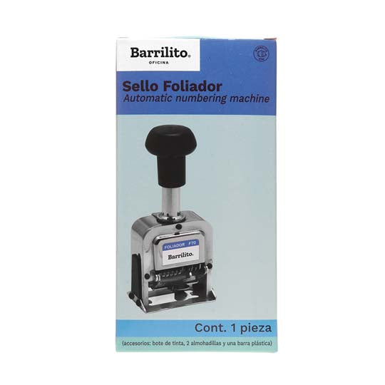 Sello foliador 6 dígitos BARRILITO color metálico y negro - 1 pieza