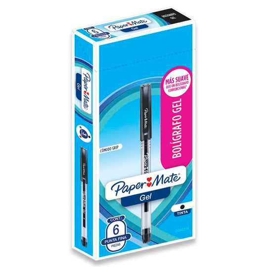 Bolígrafo de Gel Paper Mate Punto Fino Negro - Caja con 6 pieza