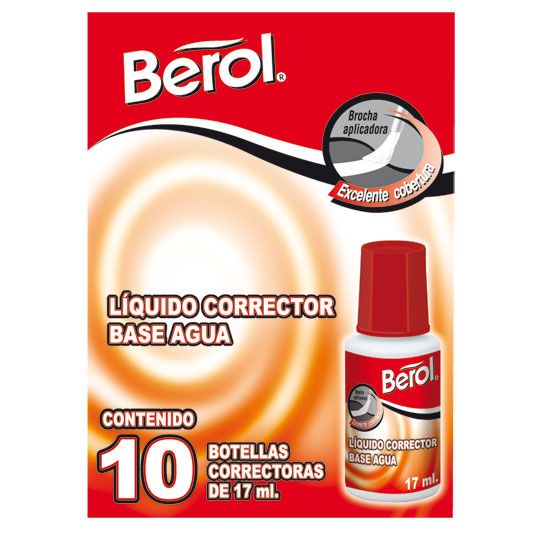 Corrector liquido Berol, Base Agua de 17ml con Brocha - 1 pieza