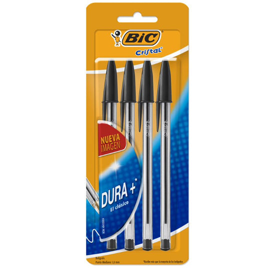 Bolígrafo Cristal BIC Negro Punto Mediano 1.0 mm - 4 piezas