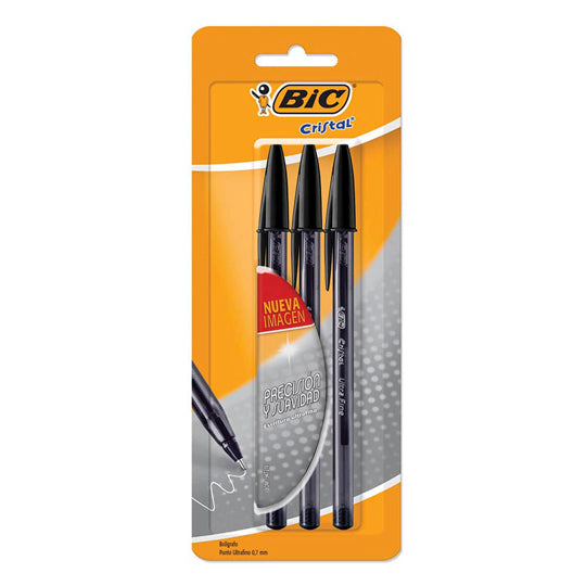 Bolígrafo Cristal BIC Negro Ultra Fino 0.7mm - 3 piezas
