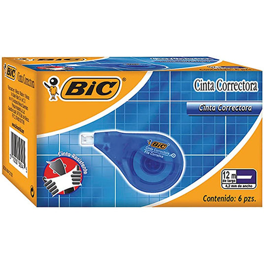 Cinta Corrector Bic de 12M Cuerpo Azul- Caja con 6 Piezas