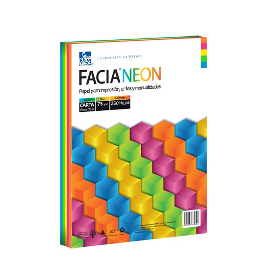 Papel facia neon carta mix de 5 colores 75g