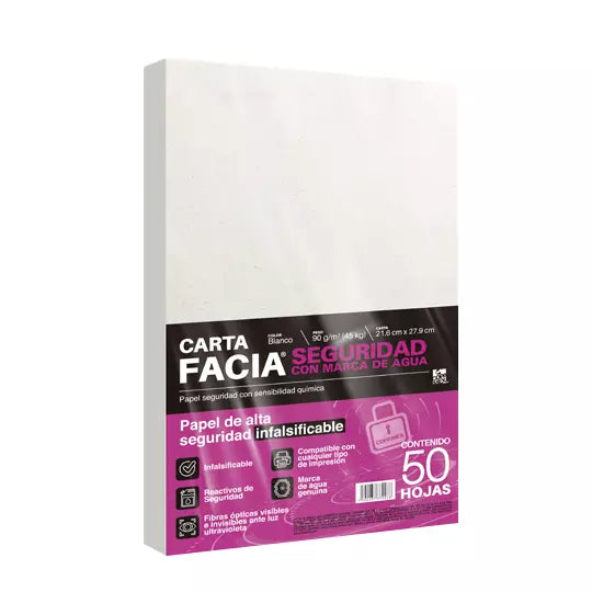 Paquete de papel seguridad Facia tamañocarta blanco 90gr 50 hojas