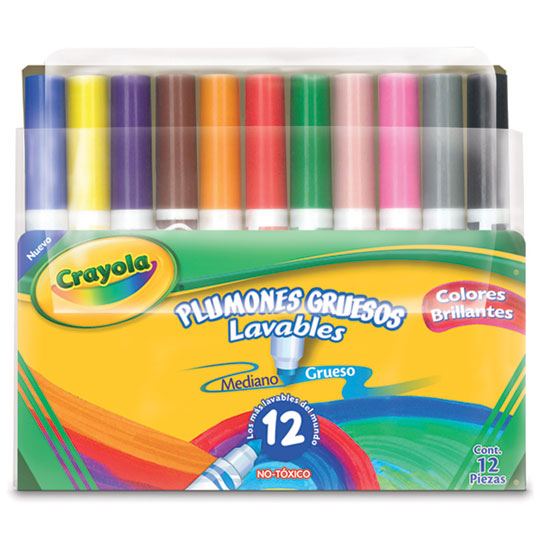 Plumones Crayola Brillantes Punta Mediana y Grueso lavables, Surtido - Estuche con 12 Piezas