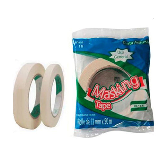 Cinta Masking Tape Devek Color Natural de 12mm x 50m - Paquete con 2 Piezas