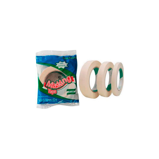 Cinta Masking Tape Devek Color Natural de 18mm x 50m - Paquete con 3 Piezas
