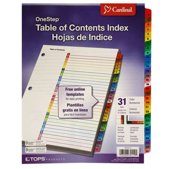 Separadores Cardinal Tamaño Carta, con Cejas de colores - Del 1-31 Divisiones