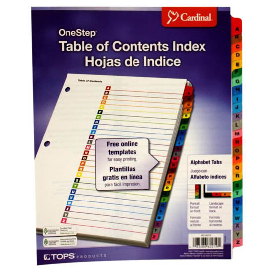 Separadores Cardinal Tamaño Carta, con Cejas de colores - A-Z Divisiones
