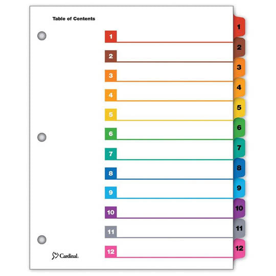 Separadores Cardinal Tamaño Carta, con Cejas de colores - Del 1-12 Divisiones