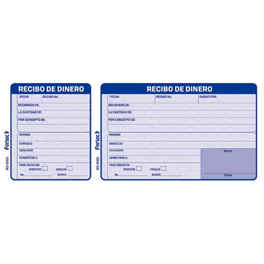 Recibo de dinero Fortec 1/3 carta 2 blocks con 50 hojas cada uno
