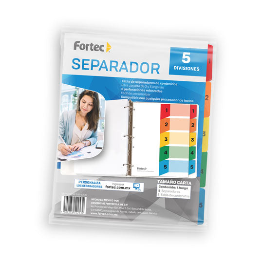 Separador FORTEC de 5 divisiones color blanco, pestañas de colores tamaño carta