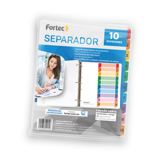 Separador númerico FORTEC de 10 divisiones, 5 perforaciones color blanco y pestañas de colores.
