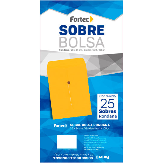 Sobre kraft con rondana FORTEC solapa con rondana e hilo color amarillo kraft tamaño extra oficio con 25 sobres
