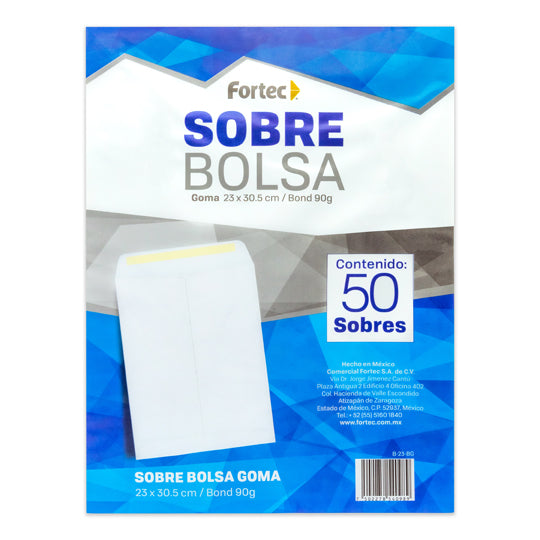 Sobre tipo bolsa FORTEC tipo de cerrado de goma color blanco tamaño carta 1 paquete con 50 sobres
