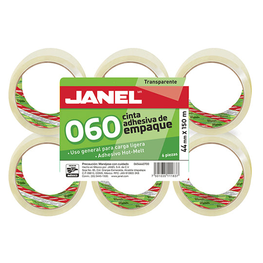 Cinta de Empaque Janel Transparente de 44mm x 150m - Paquete con 6 piezas