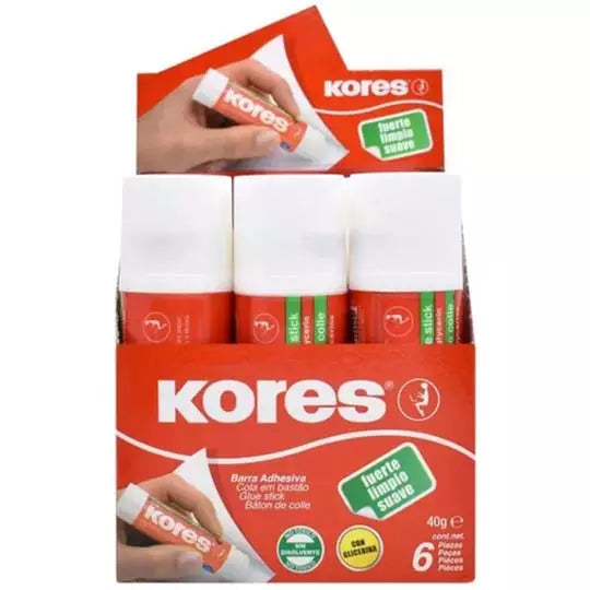 Lápiz adhesivo en barra Kores, color blanco de 40 grs 6 pz