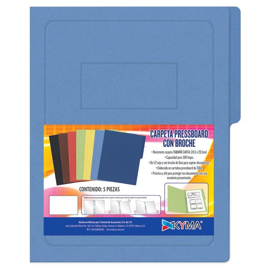 Carpeta KYMA con broche color azul tamaño carta con - empaque 5 piezas