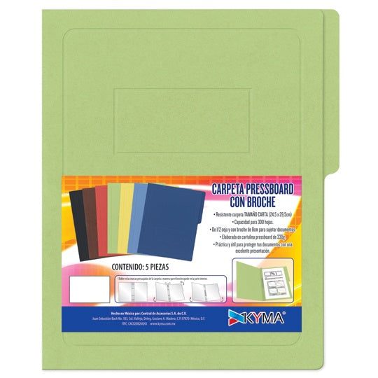 Carpeta KYMA con broche color verde lima tamaño carta - empaque 5 piezas