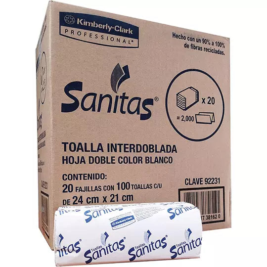 Toalla interdoblada Sanitas caja con 20 paquetes (100 toallas cada paquete)