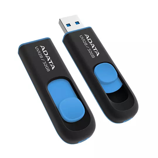 Memoria USB 3.0 ADATA DashDrive UV128 AUV128-32G-RBE | 32 GB | Hasta 100 MB/s | Deslizante Sin Tapa | Resistente al Agua | Negro/Azul | SKU AUV128-32G-RBE