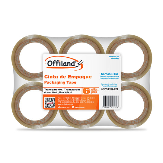 Cinta de Empaque Offiland Transparente de 48mm x 50m - Paquete con 6 piezas