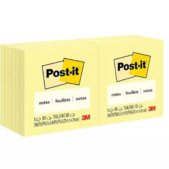 Notas adhesivas Post-It 653 amarillas 3x 3 pulgadas 12 blocks c/100 hojas